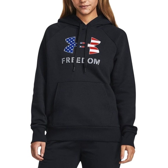 Under Armour UA Freedom Logo Fav Hoodie Sweatshirt Womens L Black USA‎ Flag - Picture 1 of 12